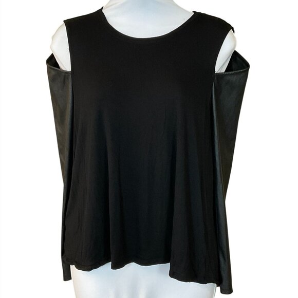 BCBG Max Azaria Judon Faux-Leather Cut Out Sleeve Black Top Back Slit XXS NWOT - Picture 1 of 8
